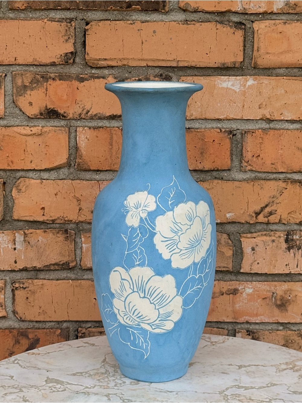 Large Blue Floral Ceramic Vase with White Flower Motif